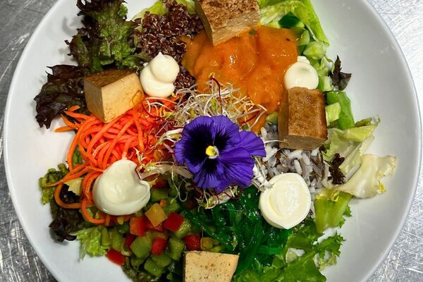 Eine bunte Bowl mit frischen Salaten, geraspelter Möhre, Paprika, Sprossen, Tofu, Reis und essbarer Blüte