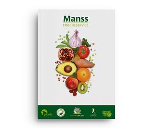 Titelseite der Imagebroschüre von Manss Frischeservice mit einem stilisierten Obst- und Gemüsemotiv aus Avocado, Kiwi, Orange, Granatapfel, Tomate, Süßkartoffel, Zwiebel und Erbsen auf weißem Hintergrund.