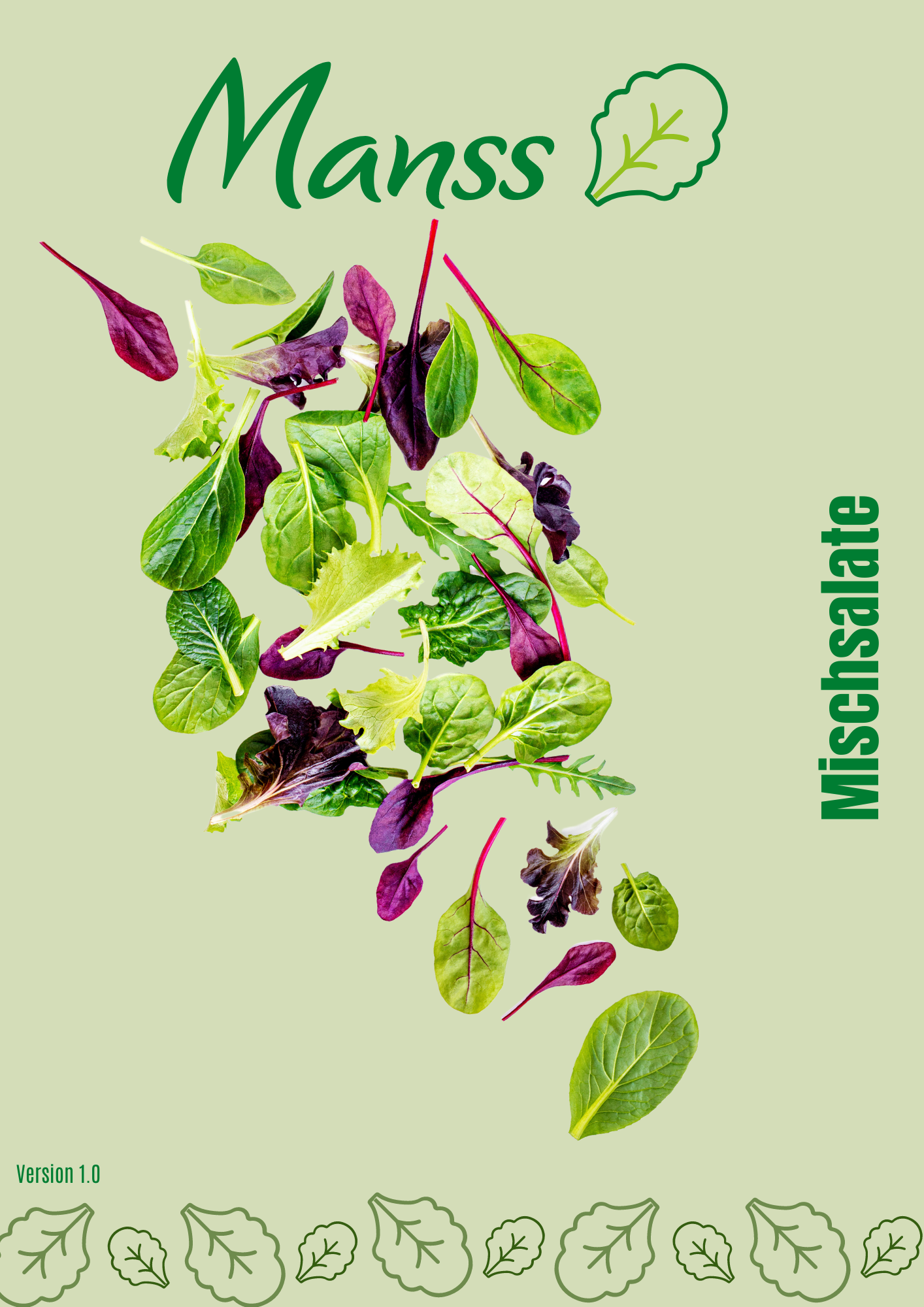 Deckblatt des Manss-Katalogs „Mischsalate“ mit einer Auswahl an bunten Blattsalaten auf grünem Hintergrund. Oben steht das grüne Manss-Logo, rechts vertikal der Titel „Mischsalate“.