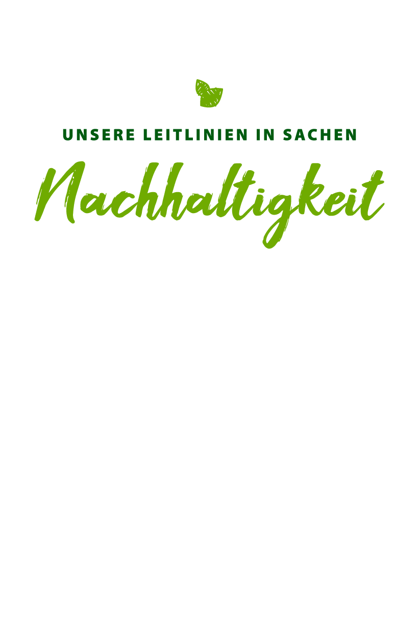 Grafische Darstellung mit dem Text „Unsere Leitlinien in Sachen Nachhaltigkeit“ in grüner Schrift und einem Blattsymbol darüber.