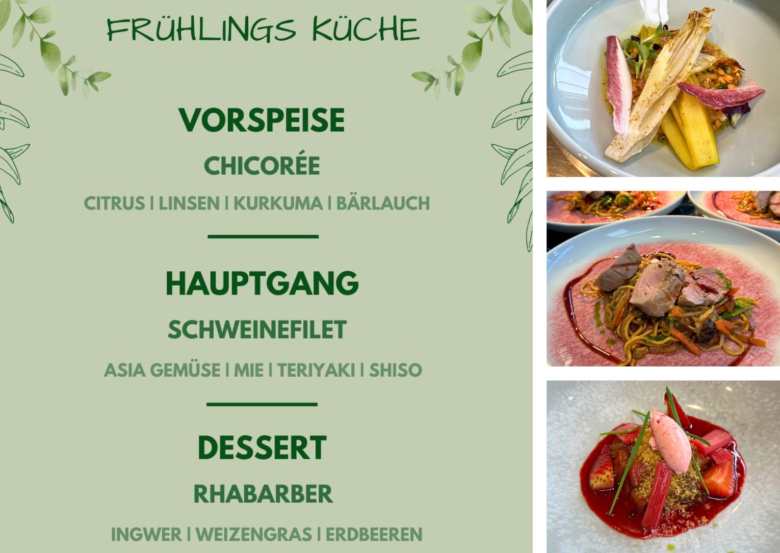 Menükarte mit Frühlingsküche von Manss Foodservice: Chicorée-Vorspeise, Schweinefilet-Hauptgang und Rhabarber-Dessert – rechts daneben Fotos der angerichteten Speisen