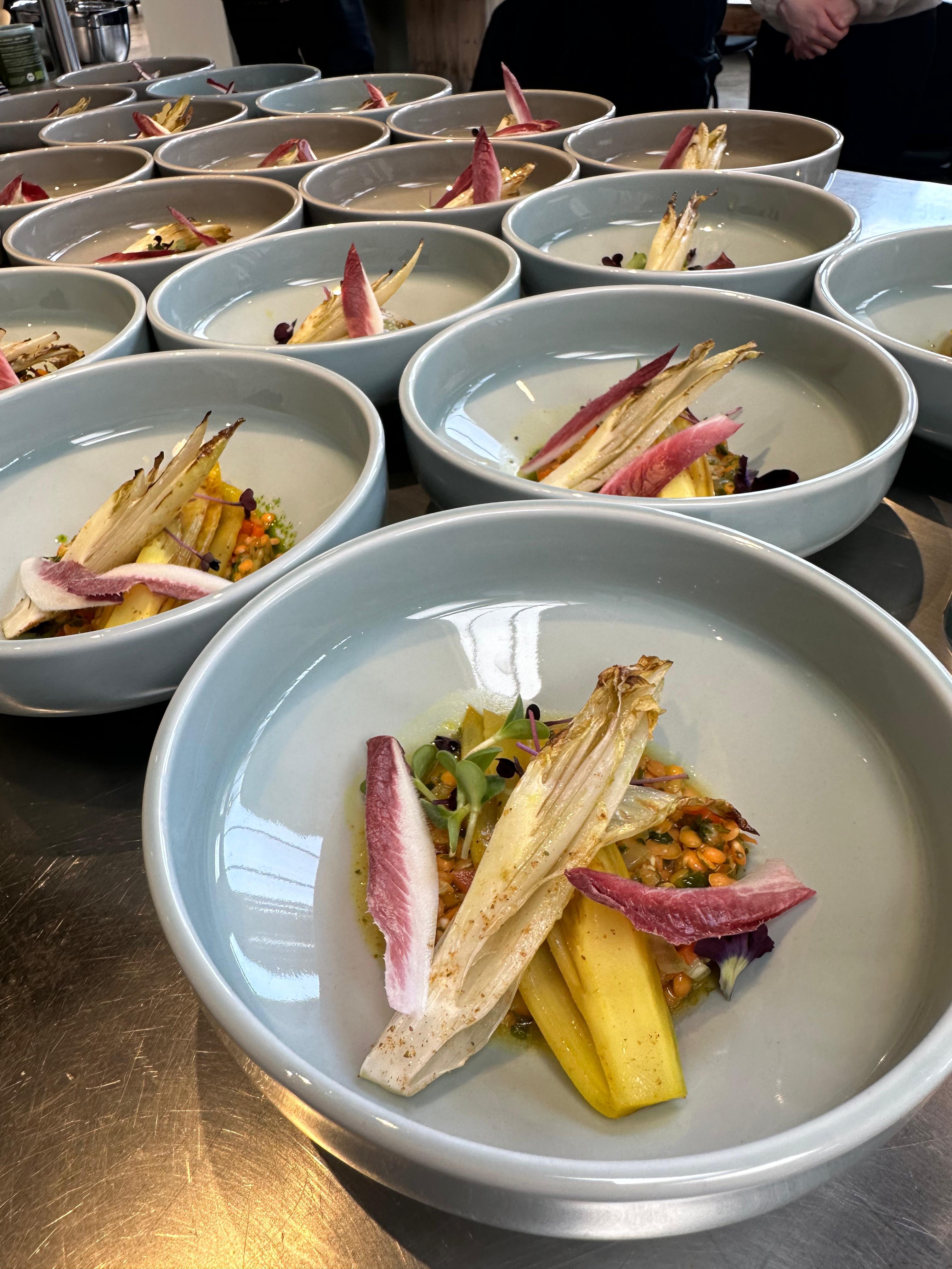 Mehrere Schüsseln mit kreativ angerichteter Vorspeise aus Chicorée, rotem Radicchio und buntem Gemüse – vorbereitet für die Teilnehmenden beim Manss-Workshop Frühlingsküche