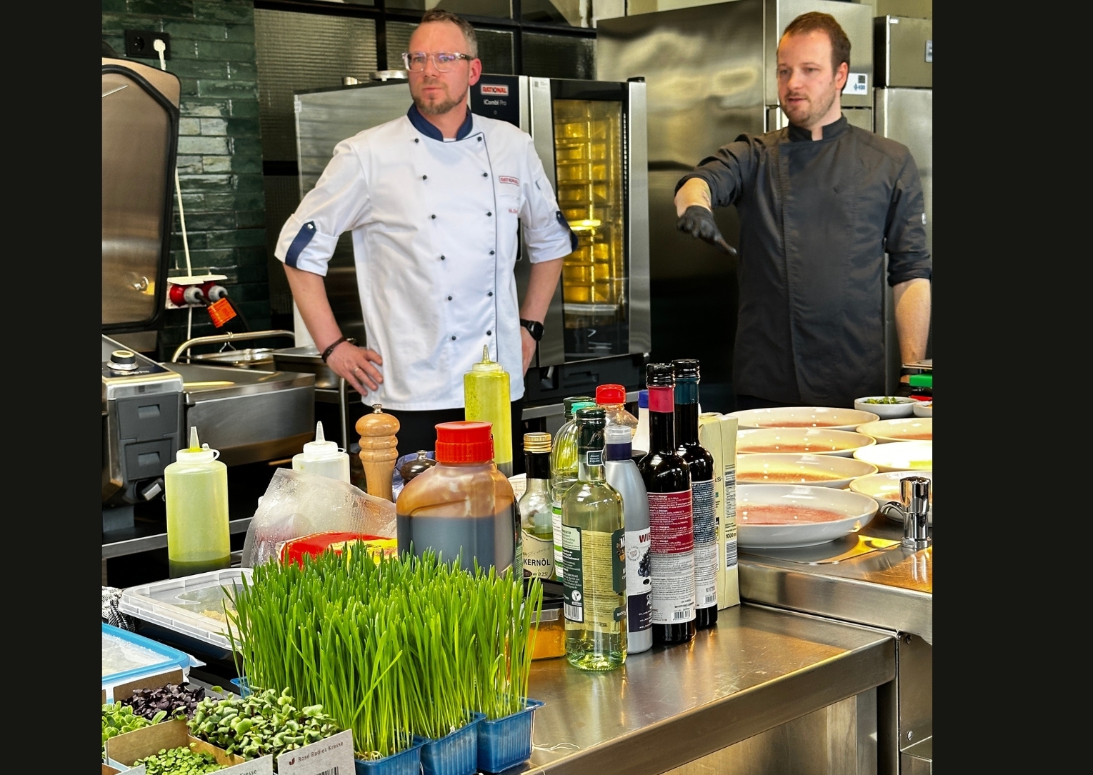 Zwei Köche im Manss-Workshop zur Frühlingsküche stehen vor einer modernen Küchenausstattung, auf der Arbeitsfläche zahlreiche frische Zutaten wie Weizengras, Microgreens, Öle und Gewürze – im Hintergrund mehrere vorbereitete Teller und ein Kombidämpfer