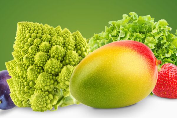Verschiedene frische Obst- und Gemüsesorten wie Pflaumen, Romanesco, Mango, Blattsalat und Erdbeeren vor grünem Hintergrund