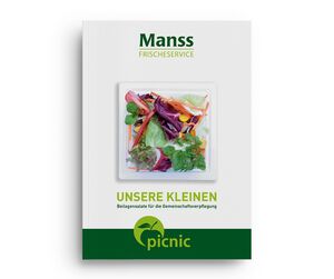 Titelbild des Manss-Katalogs „Unsere Kleinen“ mit einer Schale bunter Beilagensalate auf weißem Hintergrund. Darunter der Titel „UNSERE KLEINEN“ in Grün und das picnic-Logo.