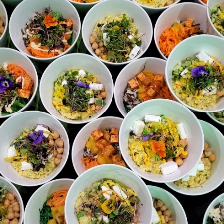 Bunte Auswahl an veganen Bowls mit frischem Gemüse, Kichererbsen, Tofu und essbaren Blüten, serviert beim Buffet im besten Seminarhotel Deutschlands.