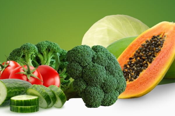 Frische Papaya, Tomaten, Brokkoli, Gurken und Weißkohl auf grünem Hintergrund