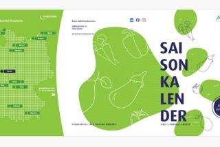 Aufgeschlagene Ansicht des Manss Saisonkalenders mit Standortkarte der Gemüsering-Gruppe in Deutschland und grafischen Illustrationen von Gemüse auf grünem Hintergrund.
