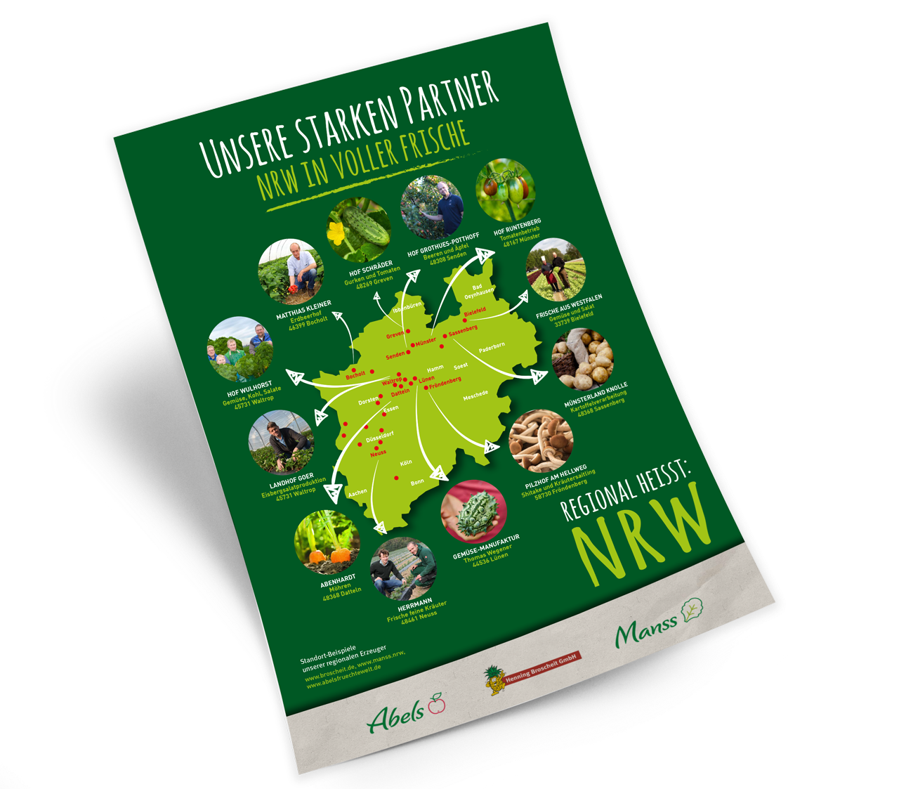 Infoposter mit Landkarte von NRW und Bildern regionaler Erzeuger. Der Text „Unsere starken Partner – NRW in voller Frische“ und „Regional heißt: NRW“