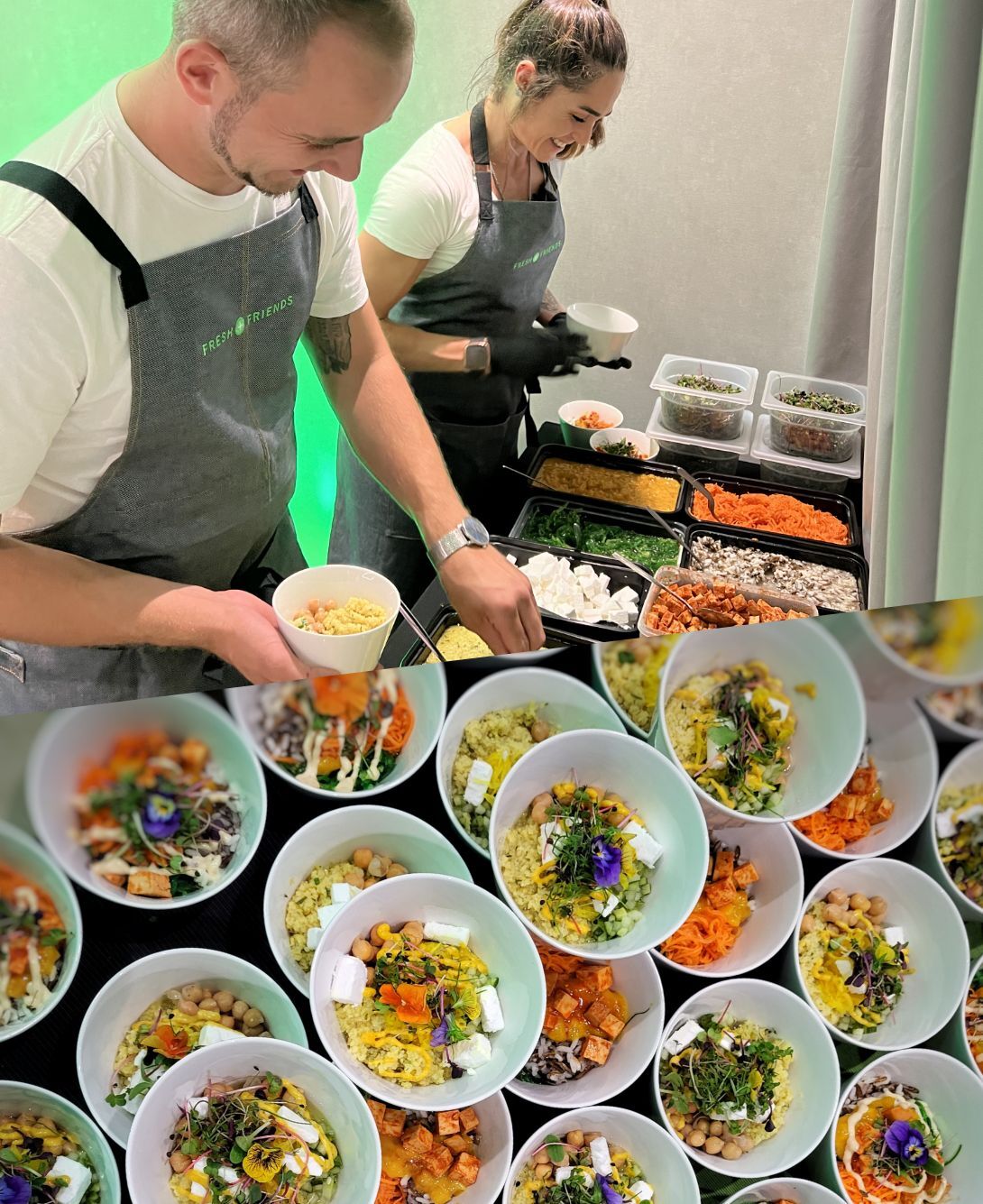 Zwei Mitarbeitende von Manss Foodservice bereiten bei der Jubiläumsfeier des ATLANTIC Hotels Münster frische Speisen vor – mit Zutaten wie Gemüse, Kräutern und Toppings.