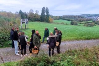 Teilnehmende einer Waldpilz-Exkursion stehen mit Körben auf einem Waldweg inmitten einer grünen Hügellandschaft