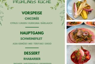 Menükarte mit Frühlingsküche von Manss Foodservice: Chicorée-Vorspeise, Schweinefilet-Hauptgang und Rhabarber-Dessert – rechts daneben Fotos der angerichteten Speisen