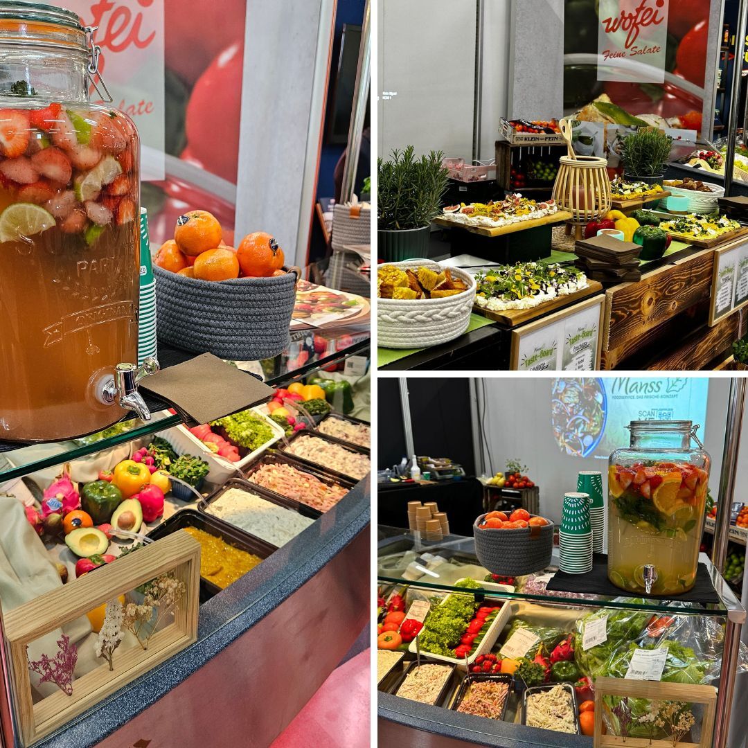 Bunte Theke von Manss Foodservice auf der Ebäko Messe mit frischem Obst, Gemüse, Dips und Infused Water