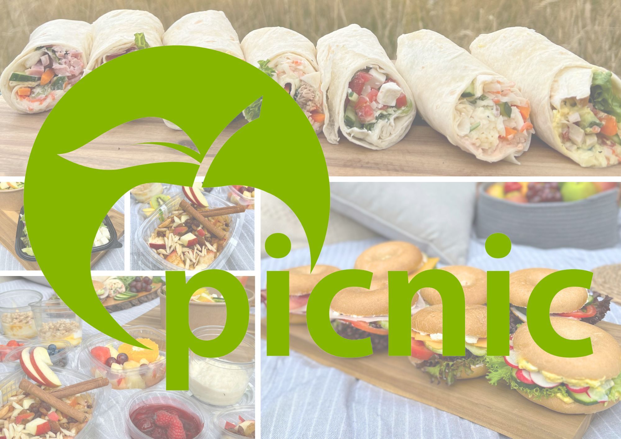 Collage aus verschiedenen Verpflegungsoptionen wie Wraps, belegte Brötchen, Obstbecher und Müsli, im Hintergrund eine Picknickdecke. Großes grünes „picnic“-Logo mit stilisiertem Blatt darübergelegt.