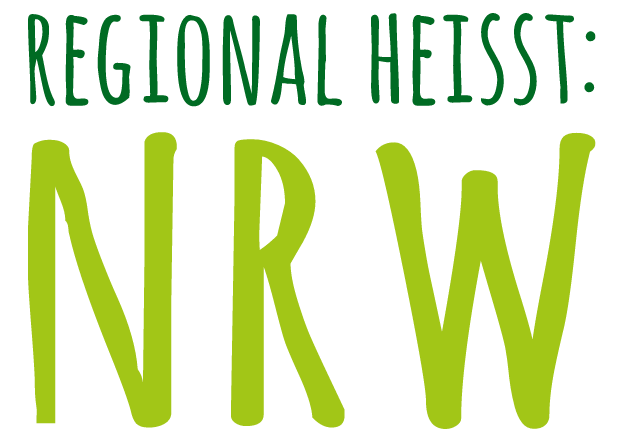 rafische Darstellung mit dem Text „Regional heißt: NRW“ in grüner Schrift – Hinweis auf die Herkunft regionaler Produkte aus Nordrhein-Westfalen.