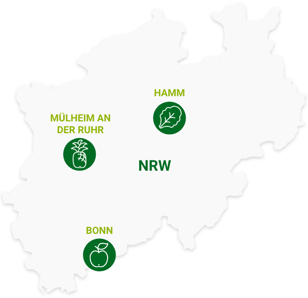 Karte von Nordrhein-Westfalen mit markierten Partnerstandorten in Mülheim an der Ruhr, Hamm und Bonn – jeweils mit Icons für Ananas, Salatblatt und Apfel.