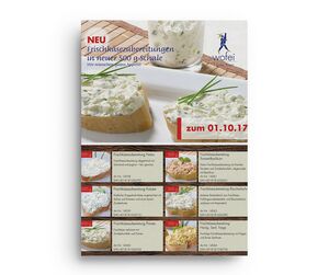 Sortimentskatalog von wofei mit Frischkäsezubereitungen und Dips in 500-g-Schalen. Abgebildet sind Varianten wie Natur, Kräuter, Paprika, Tomate-Basilikum, Porree und Radieschen. Der Katalog zeigt Produktbilder, Artikelnummern und Zutatenhinweise