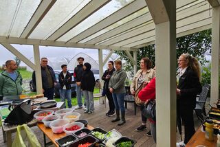 Teilnehmende der Projektschulung von Manss Foodservice stehen unter einer überdachten Terrasse rund um eine Salatstation mit geschnittenem Gemüse – im Hintergrund sind Folientunnel auf dem Feld sichtbar
