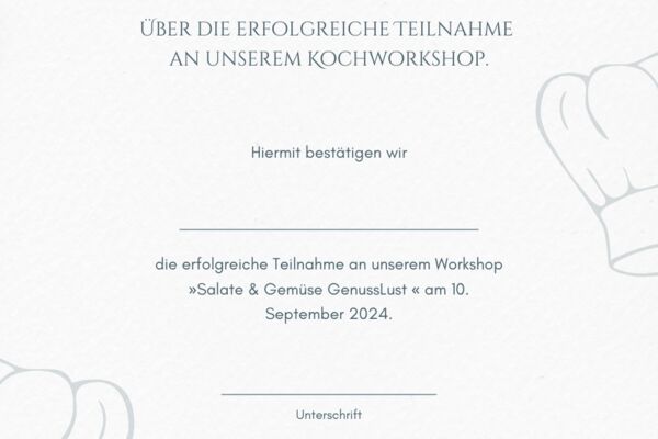 Zertifikat über die erfolgreiche Teilnahme am Kochworkshop ‚Salate & Gemüse GenussLust‘ am 10. September 2024, mit stilvollen Kochmützen-Illustrationen sowie den Logos von ‚Die Sterne im Sauerland‘ und ‚Manss Foodservice‘.